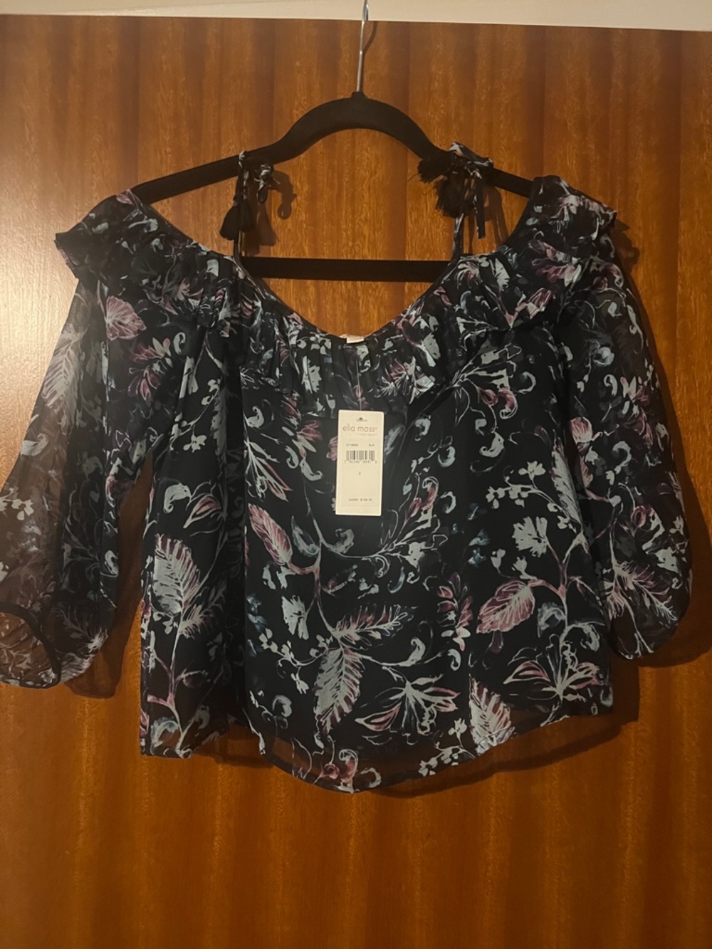 Ella Moss Black Floral Off-Shoulder Blouse with Pink & Light Blue Print